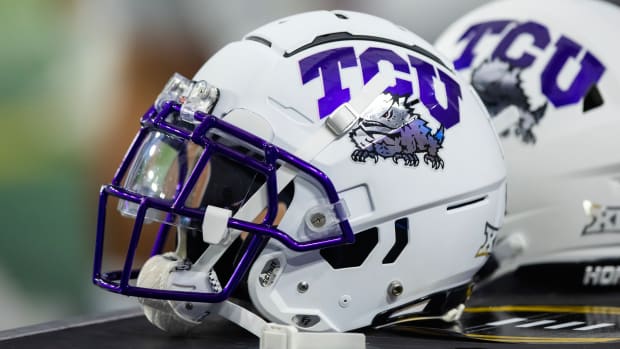 Dec 31, 2022; Glendale, Arizona, USA; Detailed view of a Texas Christian Horned Frogs helmet during the 2022 Fiesta Bowl at State Farm Stadium. Mandatory Credit: Mark J. Rebilas-USA TODAY Sports